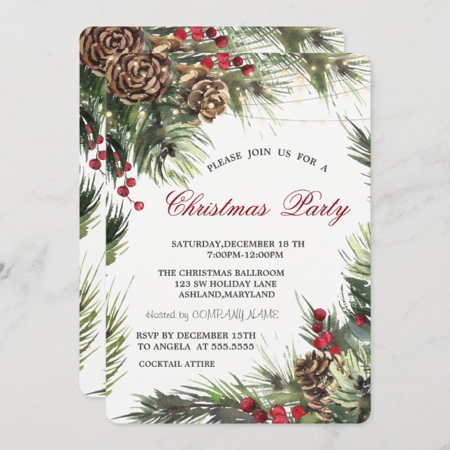 Pine Cones,Pine Tree Branches Christmas Party  Invitation (Front/Back)