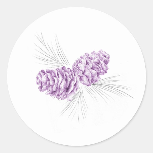Pine cones purple grey winter wedding sticker (Front)