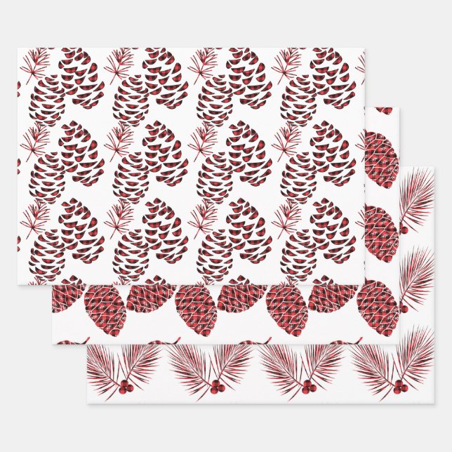Pine Cones Red and Black Buffalo Plaid Wrapping Paper Sheet (Set)