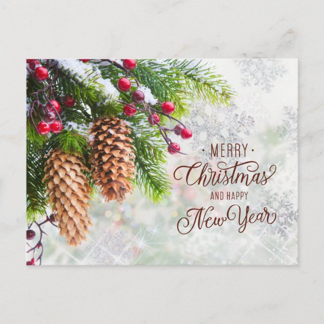 Pine Cones Red Berry Christmas New Year Business Postcard (Front)