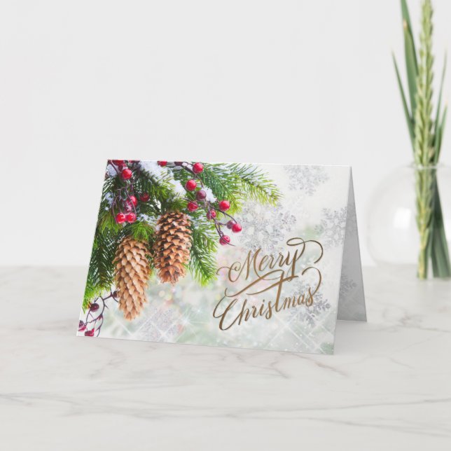Pine Cones Red Berry Merry Christmas Card (Front)