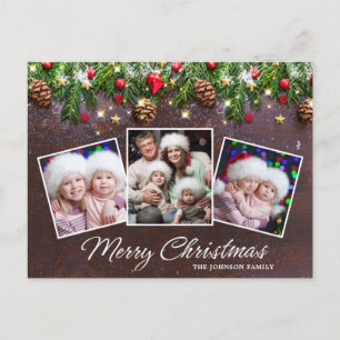 Pine Cones Rustic Merry Christmas 3 Photo Holiday Postcard