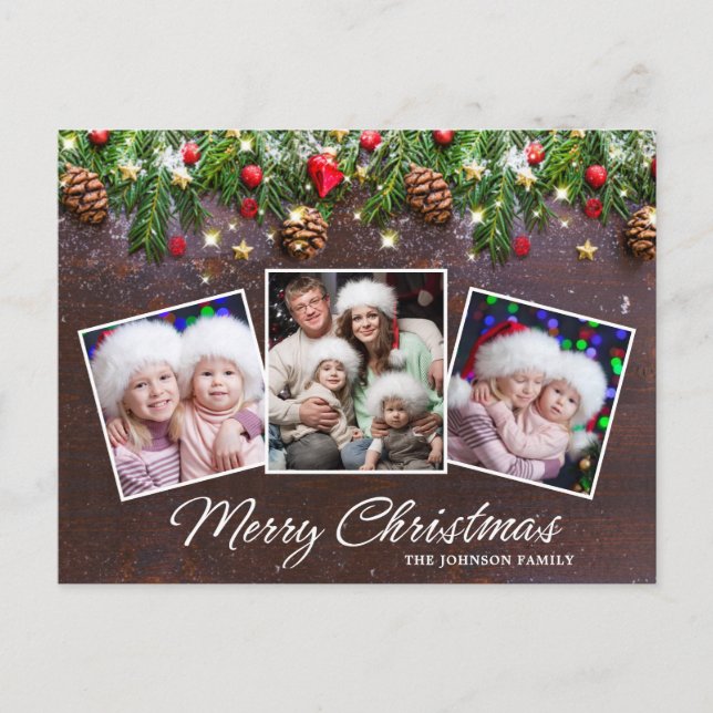Pine Cones Rustic Merry Christmas 3 Photo Holiday Postcard (Front)
