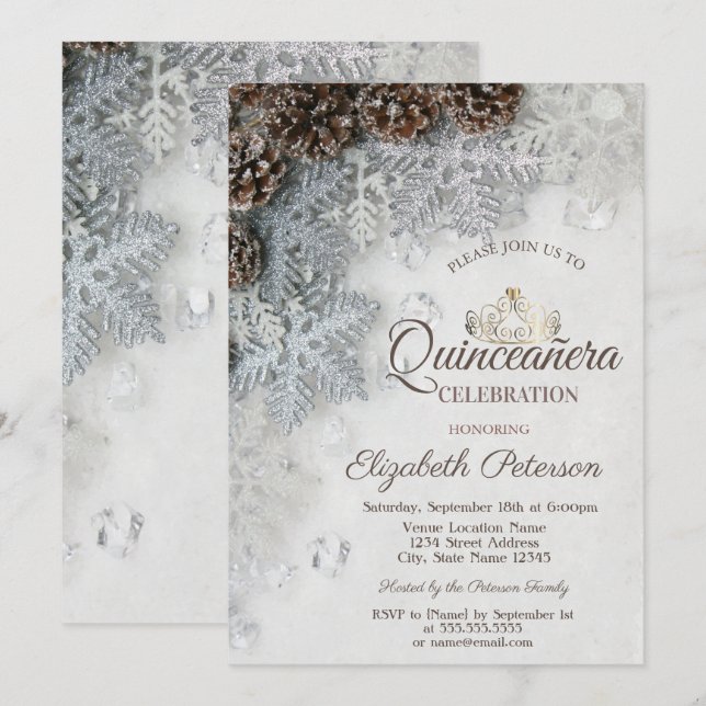 Pine Cones,Snowflakes,Tiara, Quinceañera  Invitation (Front/Back)