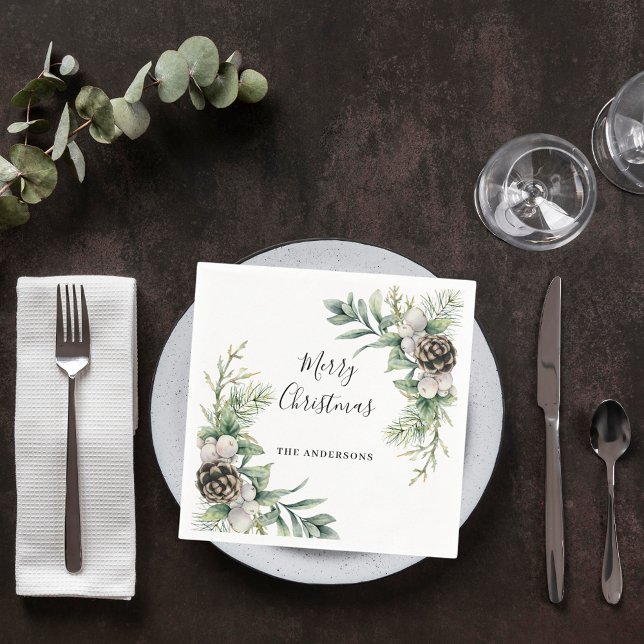 Pine cones white green Christmas Party Napkin (Creator Uploaded)