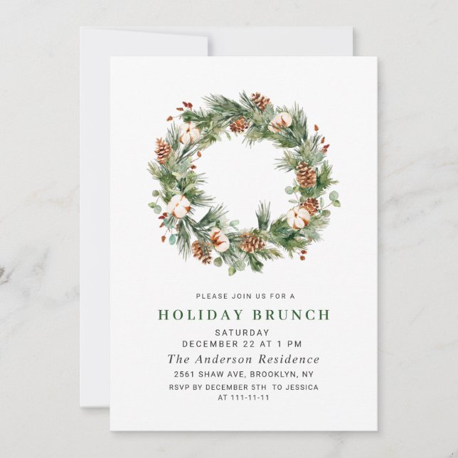 Pine Cones Wreath CHRISTMAS HOLIDAY BRUNCH Invitation (Front)