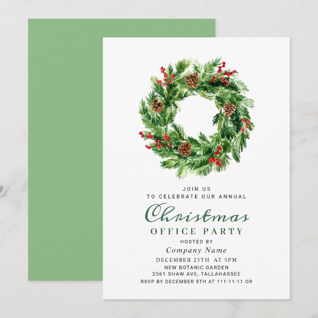Pine Cones Wreath Corporate Christmas Party Invitation (Front/Back)