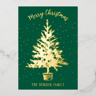 Pine Decorated Christmas Tree Family Photo Foil Holiday Card