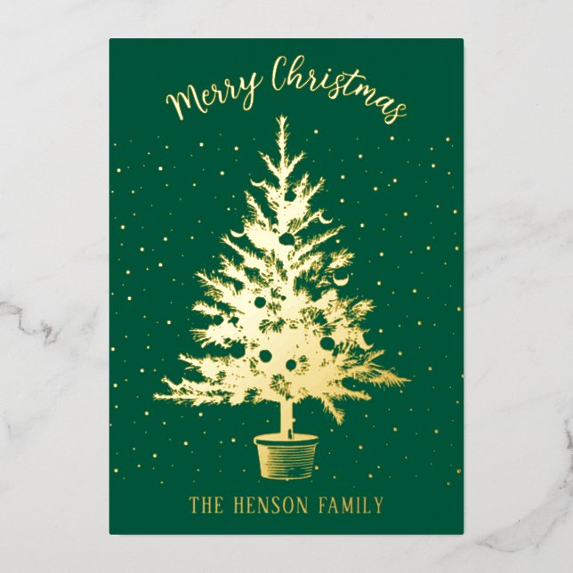 Pine Decorated Christmas Tree Family Photo Foil Holiday Card (Front)