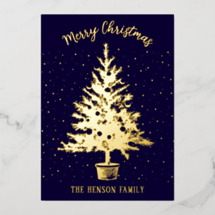 Pine Decorated Christmas Tree Family Photo Foil Holiday Card