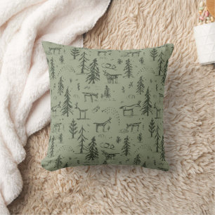 Pine Deer Lake Life - sage green woodland pattern. Cushion