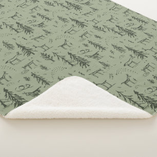 Pine Deer Lake Life - sage green woodland pattern. Sherpa Blanket