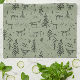 Pine Deer Lake Life - sage green woodland pattern. Tea Towel