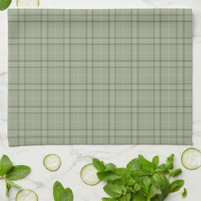 Pine Deer Plaid - sage green cabincore tartan.  Tea Towel (Folded)