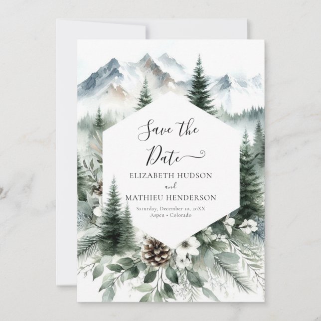  Pine Editable Mountain Wedding Save The Date (Front)