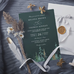 PINE Emerald Green and Gold QR Code Wedding Invitation
