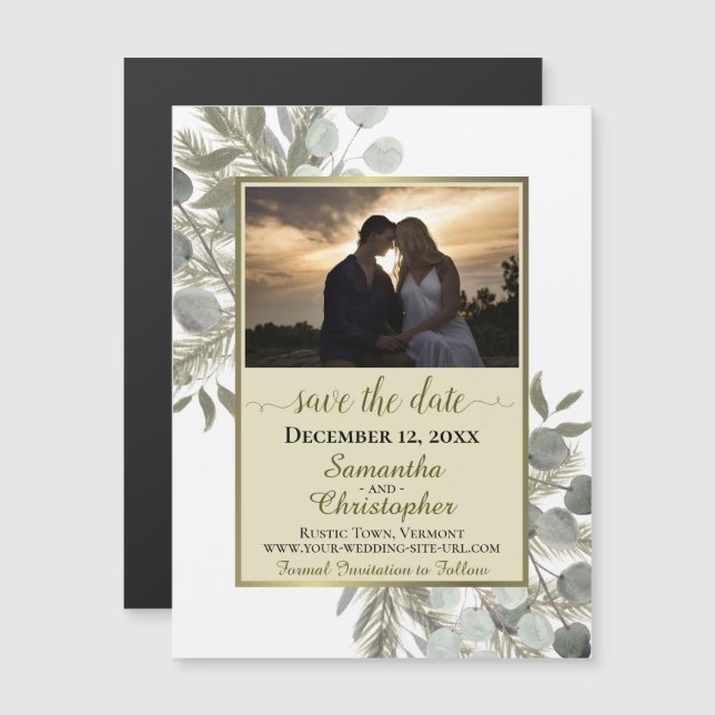 Pine Eucalyptus Wedding Save the Date Photo Gold Magnetic Invitation (Front/Back)