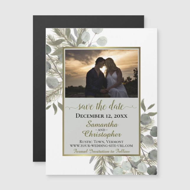 Pine Eucalyptus Wedding Save the Date Photo Grey Magnetic Invitation (Front/Back)