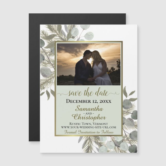 Pine Eucalyptus Wedding Save the Date Photo Sage Magnetic Invitation (Front/Back)