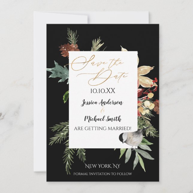 Pine Floral Gold Winter Save the Date Invitation (Front)