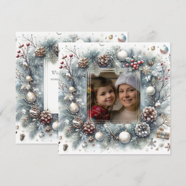 Pine Floral Ornaments Photo Christmas Holiday Card (Front/Back)