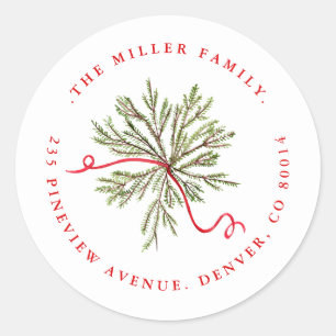 Pine Foliage with Ribbon Holiday Address  Classic Round Sticker