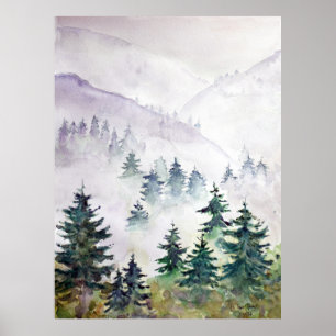 pine forest after sunset hand painted watercolor poster