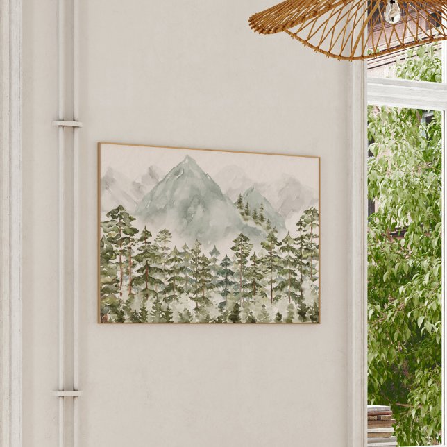 Pine Forest and Mountains Watercolor Poster (In-Context, Modern Interior)