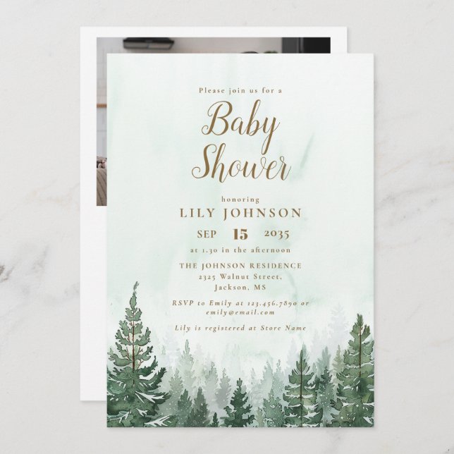 Pine Forest Baby Shower All In One Photo QR Code Invitation (Front/Back)