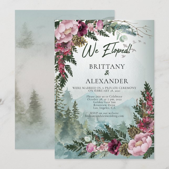Pine Forest Burgundy Dusty Rose  Elopement Invitation (Front/Back)