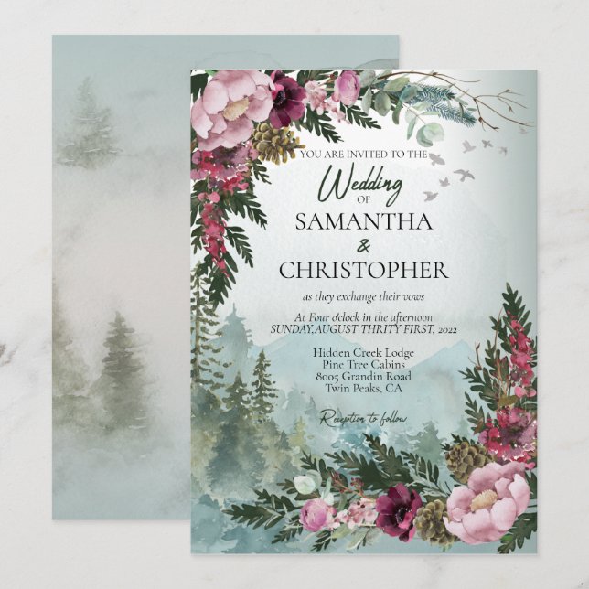 Pine Forest Burgundy Dusty Rose Watercolor Wedding Invitation (Front/Back)