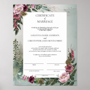 Pine Forest Burgundy Rose Certificate of Marriage Poster