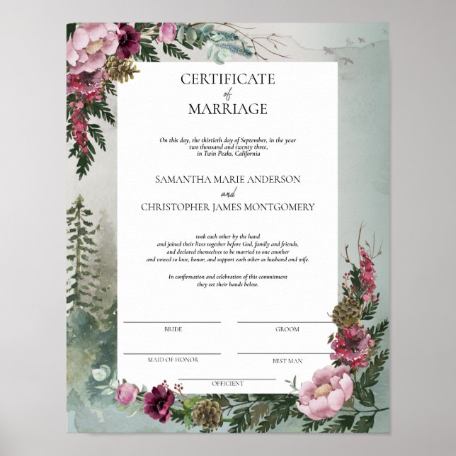 Pine Forest Burgundy Rose Certificate of Marriage Poster (Front)
