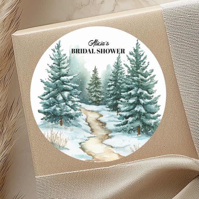 Pine Forest in Snow Winter Bridal Shower Classic Round Sticker (Creator Uploaded)