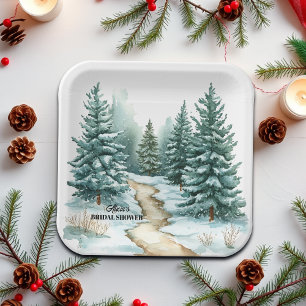 Pine Forest in Snow Winter Bridal Shower Paper Plate