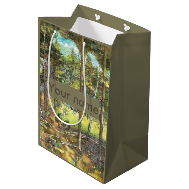 Pine forest painting  watercolor medium gift bag (Back Angled)