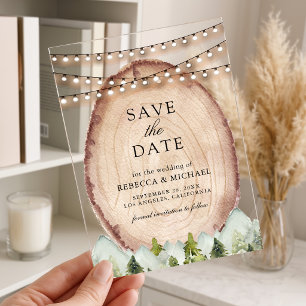 Pine Forest Wood Slice Wedding Save the Date Acrylic Invitations