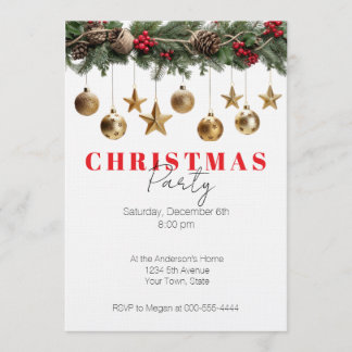 Pine Garland Gold Ornaments Christmas Party Invitation