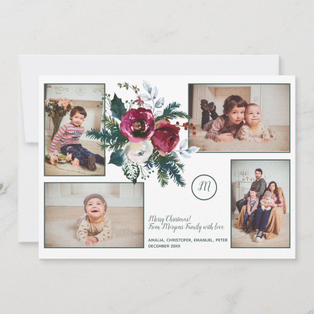 Pine Green Christmas Classy Monogram Photo Collage Holiday Card (Front)