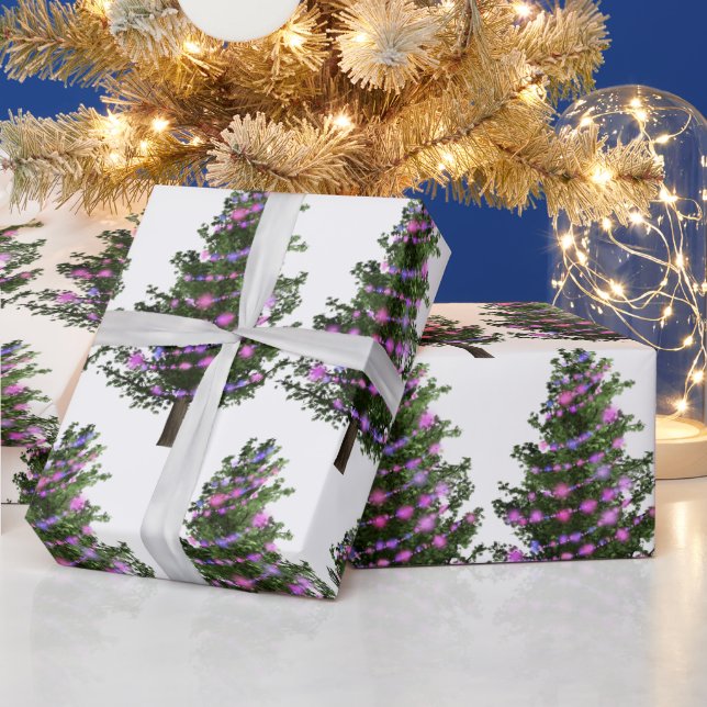 Pine Green Christmas Tree With Purple Lights Wrapping Paper (Holidays)