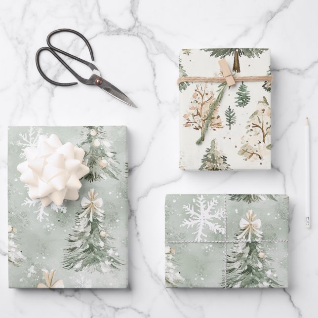Pine Green Cream Christmas Trees Snowflakes Wrapping Paper Sheet (Front)