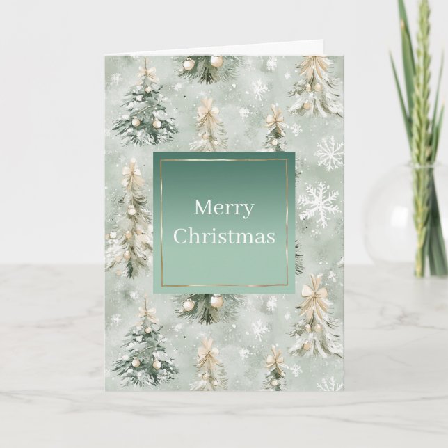 Pine Green Cream Mint Christmas Trees & Snowflakes Card (Front)