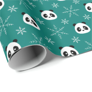 Pine Green - Cute Pandas with Snowflakes Wrapping Paper