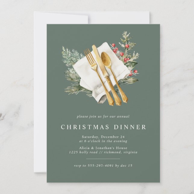 Pine Green | Elegant Gold Cutlery Christmas Dinner Invitation (Front)