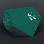 Pine Green Elegant Monogram   Name | One-Sided Tie<br><div class="desc">An elegant one-sided necktie featuring a bold white monogram across a deep Pine Green background. On top of this monogram sits your first or last name spelled out in all capitals letters. If you prefer a bolder look for the personal name inside of the large letter you can do the...</div>