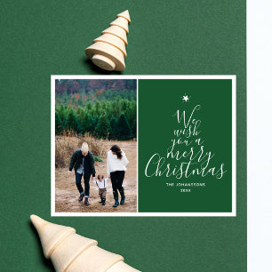 Pine Green Elegant Script Christmas Tree Photo  Holiday Postcard