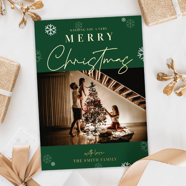 Pine Green & Gold Christmas One Family Photo Foil Holiday Card (Spread the festive cheer with these elegant pin green and gold foil holiday photo cards)