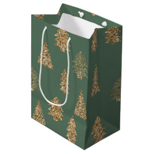 Pine Green Gold Glitter Glam Christmas Trees Medium Gift Bag