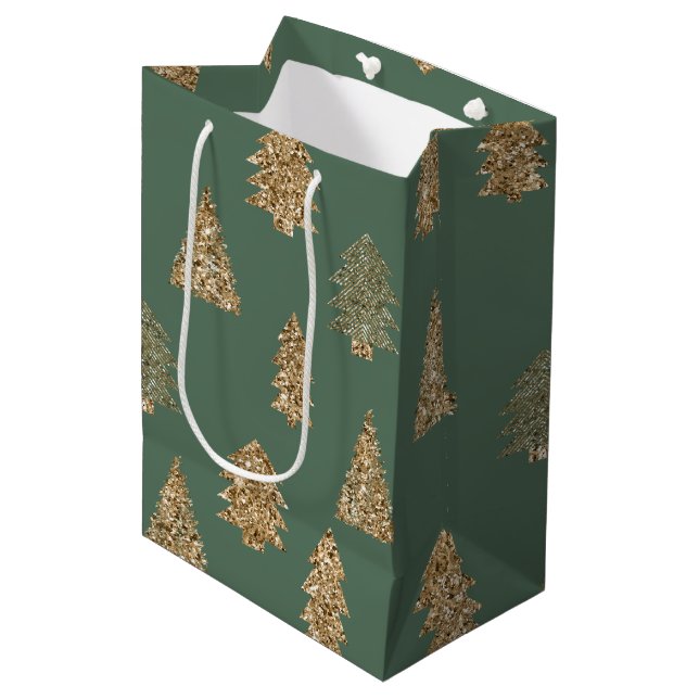 Pine Green Gold Glitter Glam Christmas Trees Medium Gift Bag (Front Angled)