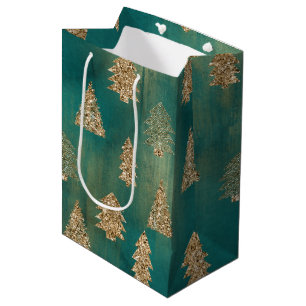 Pine Green Gold Glitter Glam Christmas Trees Medium Gift Bag